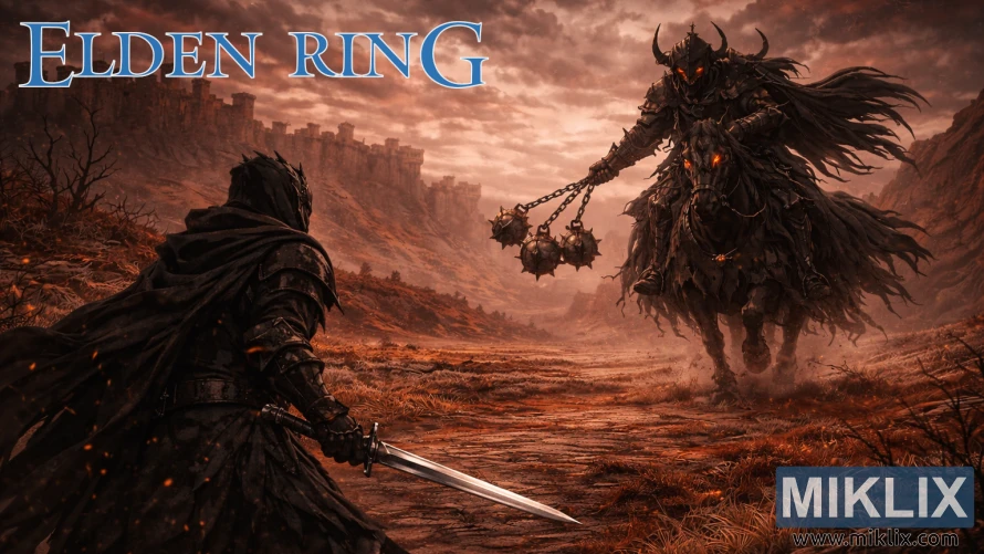 Fan art of Elden Ring battle between Black Knife armor player and Night's Cavalry in Caelid