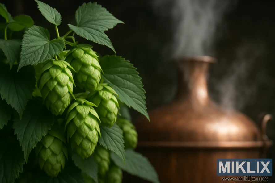 Nærbilde av ferske Perle-humlekegler med en kobberbryggekjele som damper i bakgrunnen under mykt naturlig lys.