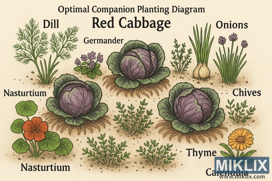 Landscape diagram showing red cabbage centered with dill, germander, onions, chives, nasturtium, thyme, and calendula arranged as companions.