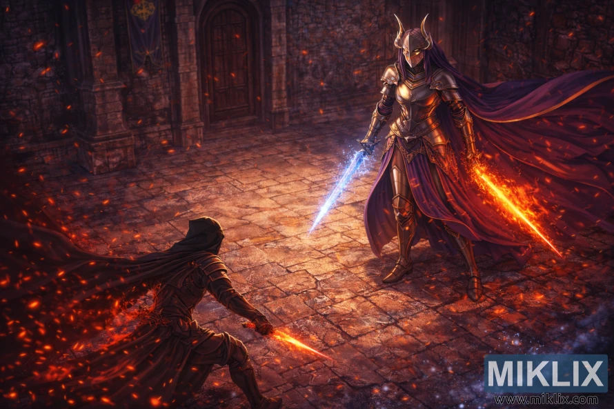 Isometric anime-style fan art showing a towering Rellana with flaming and frost swords facing a much smaller Tarnished in Black Knife armor inside a gothic castle courtyard.