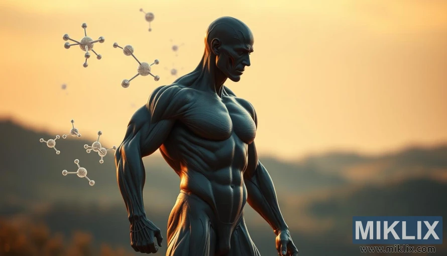 شكل عضلي محاط بجزيئات الجلايسين المتوهجة في الضوء الذهبي. شكل عضلي محاط بجزيئات الجلايسين المتوهجة في الضوء الذهبي.