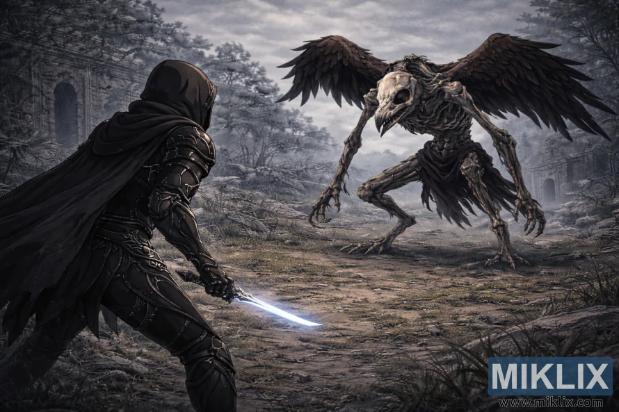 Anime style wide view of a hooded Tarnished in black armor seen from behind confronting a skeletal birdlike Deathbird at close range in misty ruins.