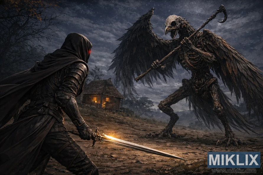 Scenă fantastică realistă și întunecată a unui om cu glugă, pătat, într-o armură neagră, care ține o sabie strălucitoare, în timp ce se confruntă cu un monstru-pasăre scheletic impunător, lângă o colibă luminată, noaptea.