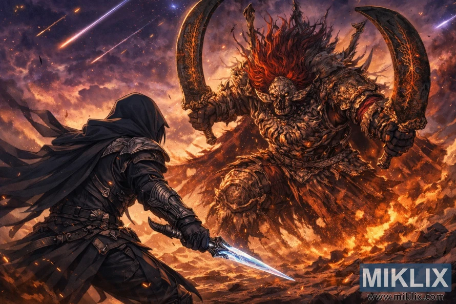 ಅನಿಮೆ ಶೈಲಿಯ ಅಭಿಮಾನಿಗಳ ಕಲೆಯಲ್ಲಿ, ಬೆಂಕಿ ಮತ್ತು ಬೀಳುವ ಉಲ್ಕೆಗಳ ನಡುವೆ ಸ್ಟಾರ್‌ಸ್ಕೋರ್ಜ್ ರಾಡಾನ್ ಅವರನ್ನು ಎದುರಿಸುತ್ತಿರುವ ಕಪ್ಪು ನೈಫ್ ರಕ್ಷಾಕವಚದಲ್ಲಿ ಹಿಂದಿನಿಂದ ಟಾರ್ನಿಶ್ಡ್ ಅನ್ನು ತೋರಿಸಲಾಗುತ್ತಿದೆ.