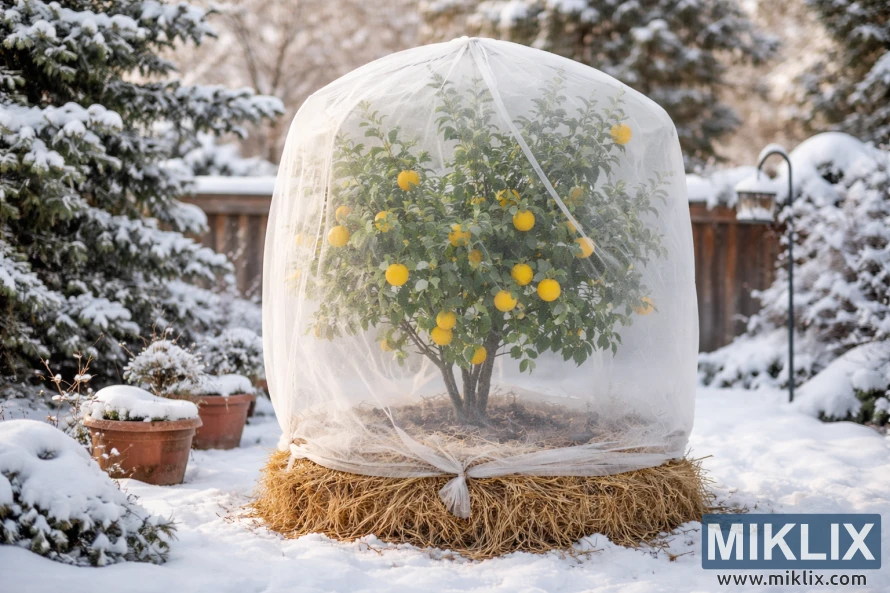 Cây chanh được phủ lớp vải chống sương giá trong khu vườn mùa đông phủ đầy tuyết, những quả màu vàng tươi hiện rõ qua lớp vải.