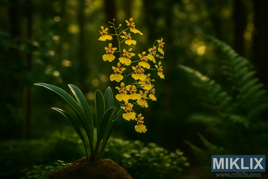 Oncidium jaune, une orchidée dame dansante, fleurissant sur des tiges arquées dans un jardin forestier ensoleillé au feuillage vert luxuriant.