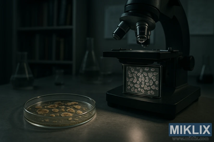 Petrijeva posuda sa uznemirenim ćelijama kvasca pod mikroskopom u laboratorijskom okruženju.