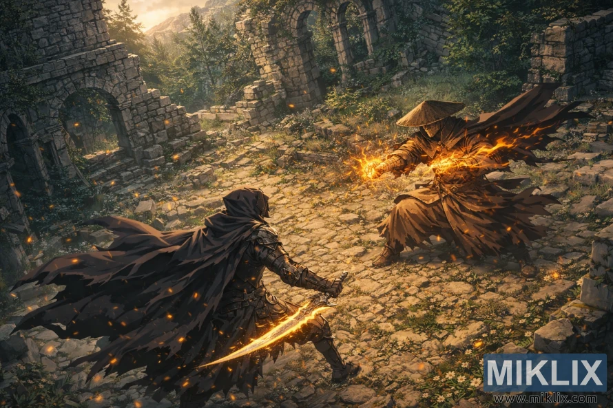 Isometric anime-style fan art of the Tarnished in Black Knife armor clashing with Dryleaf Dane in flame-lit Moorth Ruins, seen from above and behind the hero. Isometric anime-style fan art of the Tarnished in Black Knife armor clashing with Dryleaf Dane in flame-lit Moorth Ruins, seen from above and behind the hero.