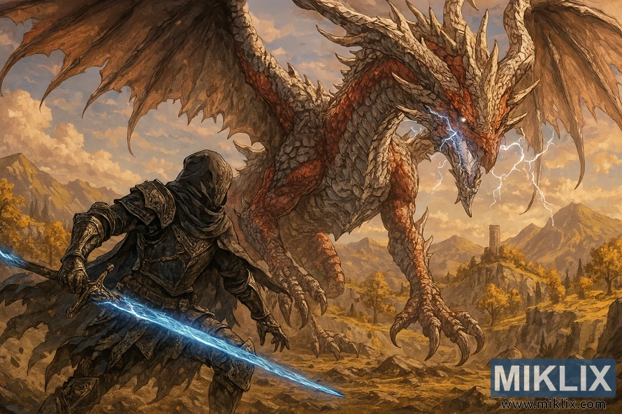 Anime-style fan art of the Tarnished fighting Ancient Dragon Lansseax in Altus Plateau