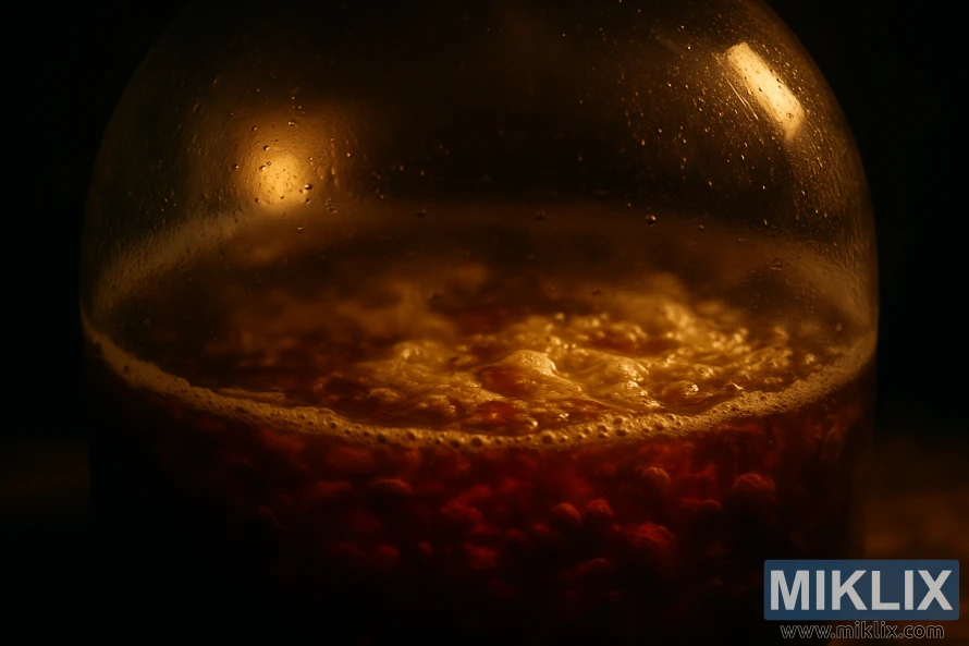 आत फिरणाऱ्या अंबर बिअरसह चमकणारे काचेचे किण्वन पात्र. आत फिरणाऱ्या अंबर बिअरसह चमकणारे काचेचे किण्वन पात्र.