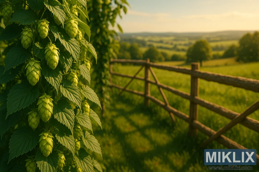 گرم سنہری سورج کی روشنی میں گھومتے ہوئے دیہی علاقوں کے ساتھ ایک ٹریلس پر سرسبز ہاپ کونز کا کلوز اپ۔