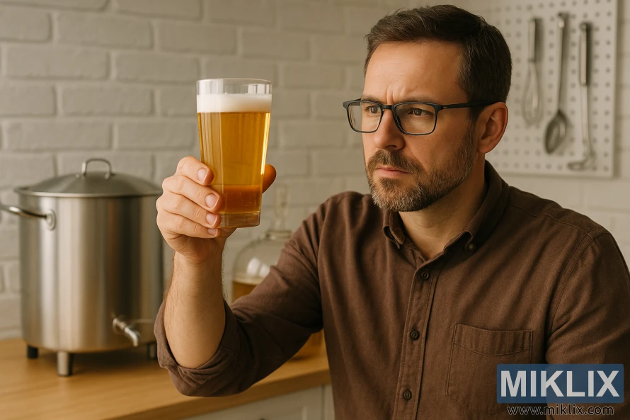 En hjemmebrygger inspiserer en klar, gyllen lagerøl i et glass med bryggeutstyr bak.