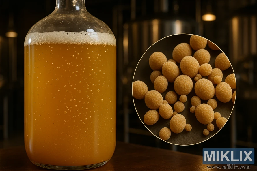 Glassgjæringsbeholder med grumsete gylden væske og forstørrede gjærceller.