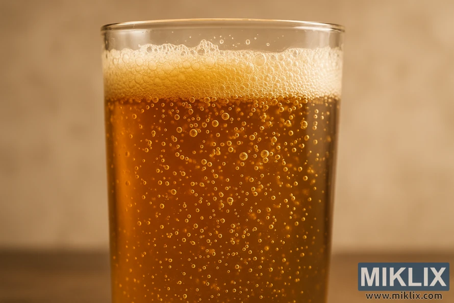 Lähivõte kuldse-merevaigukollase hapu õllega täidetud klaasist, kus sooja ja pehme valguse all ähmasel neutraalsel taustal on näha vedelikust tõusvaid kihisevaid mulle.