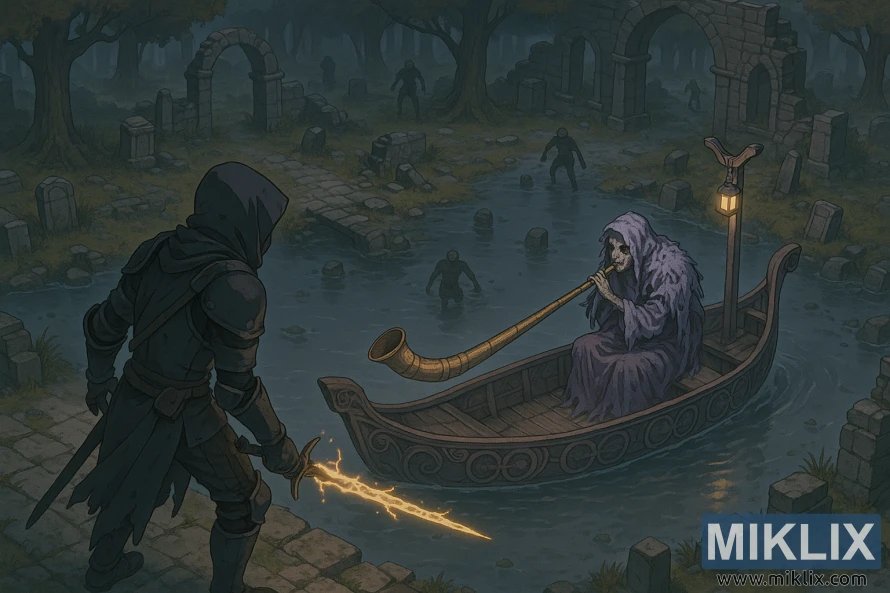 Isometric anime-style Elden Ring fan art showing the Tarnished in Black Knife armor facing the Tibia Mariner in a flooded ruin with undead approaching.