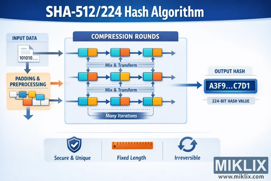 Landscape infographic showing the high-level flow of the SHA-512/224 hash algorithm from input data through padding, compression rounds, and a fixed-length 224-bit output hash.