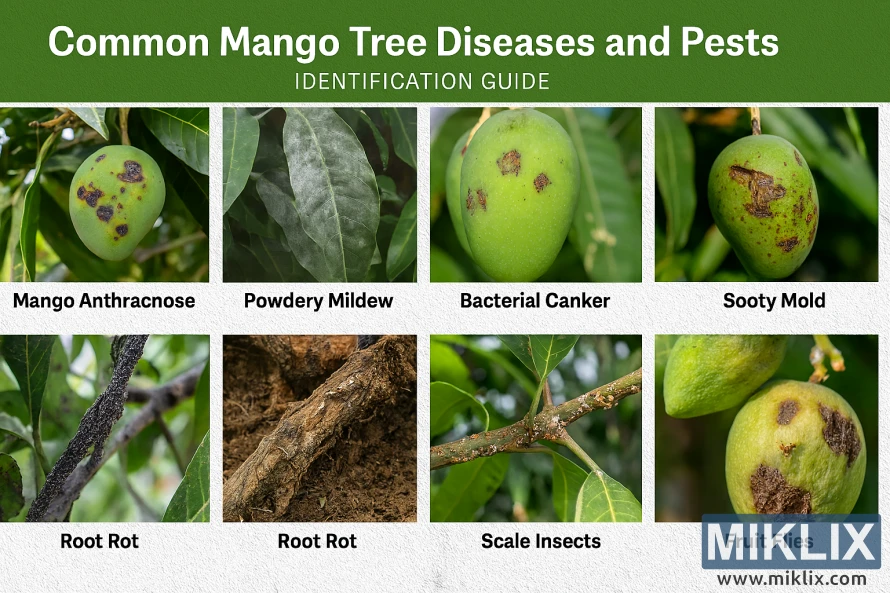 High-resolution image showing mango tree diseases and pests with labeled callouts in a tropical orchard setting.