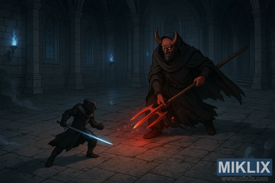 Isometric anime-style scene of the Tarnished facing Mohg the Omen in a cathedral, with Mohg wielding a fiery three-pronged trident and the Tarnished holding a blue-glowing sword.