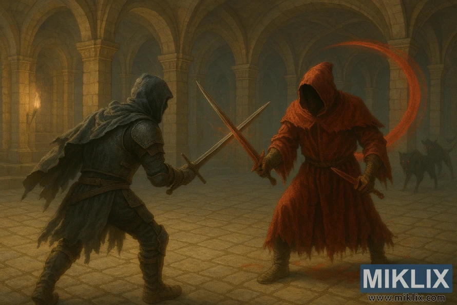 A realistic Elden Ring–style scene of the Tarnished fighting a hooded Priest of Blood in a torchlit catacomb.