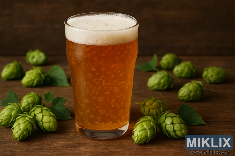 Pint glass disig gylden hjemmebrygget pale ale med et tykt hvitt hode og frisk grønn humle på rustikk tre.