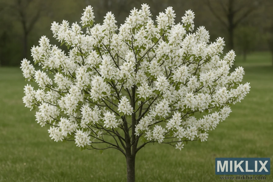 A Saskatoon serviceberry tree covered in white blossoms standing on a green lawn in springtime. A Saskatoon serviceberry tree covered in white blossoms standing on a green lawn in springtime.