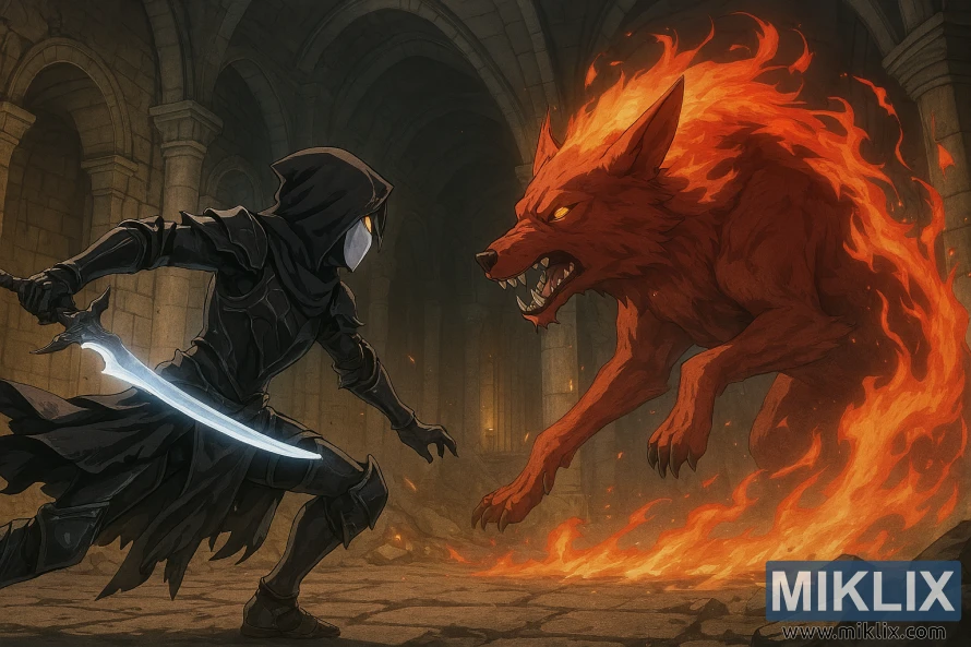 Anime-style battle between Tarnished in Black Knife armor and Red Wolf of the Champion in Elden Ring