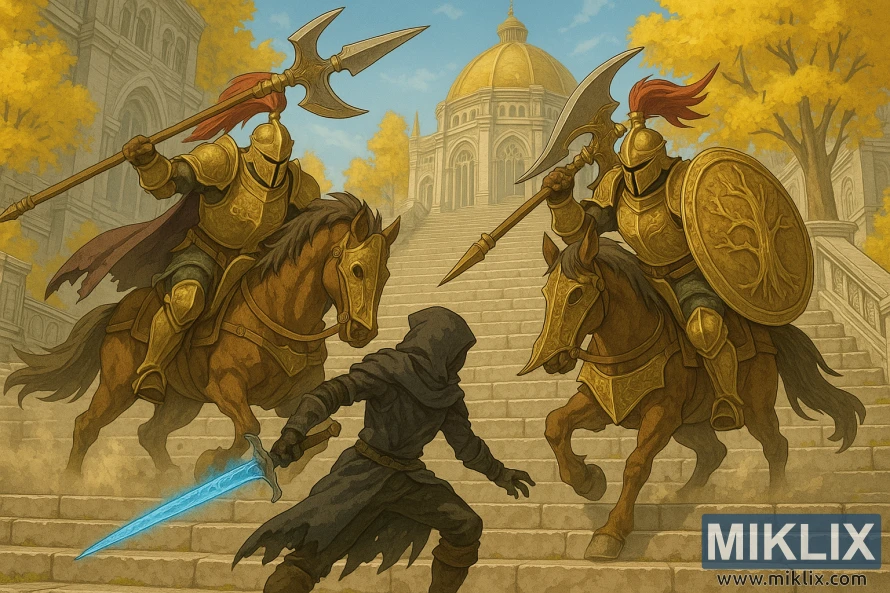 Anime-style illustration of the Tarnished fighting two halberd-wielding Tree Sentinels on the steps leading to Leyndell in Elden Ring. Anime-style illustration of the Tarnished fighting two halberd-wielding Tree Sentinels on the steps leading to Leyndell in Elden Ring.