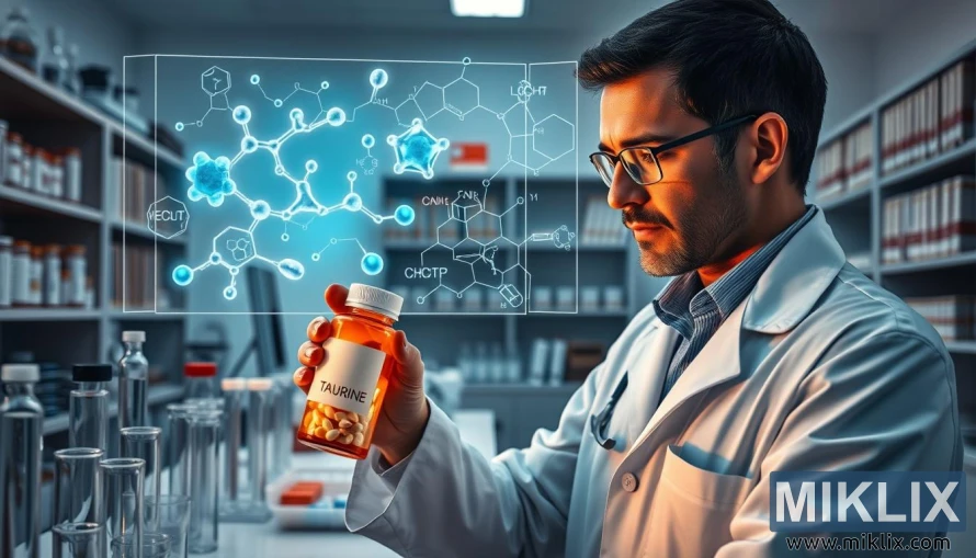 ടെസ്റ്റ് ട്യൂബുകൾക്കും മോളിക്യുലാർ ഡിസ്പ്ലേകൾക്കും ഇടയിൽ ലാബ് പ്രൊഫഷണൽ ടോറിൻ സപ്ലിമെന്റുകൾ പരിശോധിക്കുന്നു. ടെസ്റ്റ് ട്യൂബുകൾക്കും മോളിക്യുലാർ ഡിസ്പ്ലേകൾക്കും ഇടയിൽ ലാബ് പ്രൊഫഷണൽ ടോറിൻ സപ്ലിമെന്റുകൾ പരിശോധിക്കുന്നു.