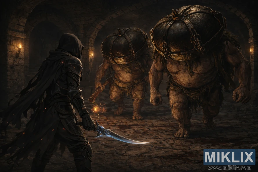 Mračna realistična fantastična umjetnost Potamnjelog u oklopu Crnog noža koji se suočava s dva masivna šefa Lude Pumpkin Head unutar podruma osvijetljenog bakljama ispod ruševina Caelem.