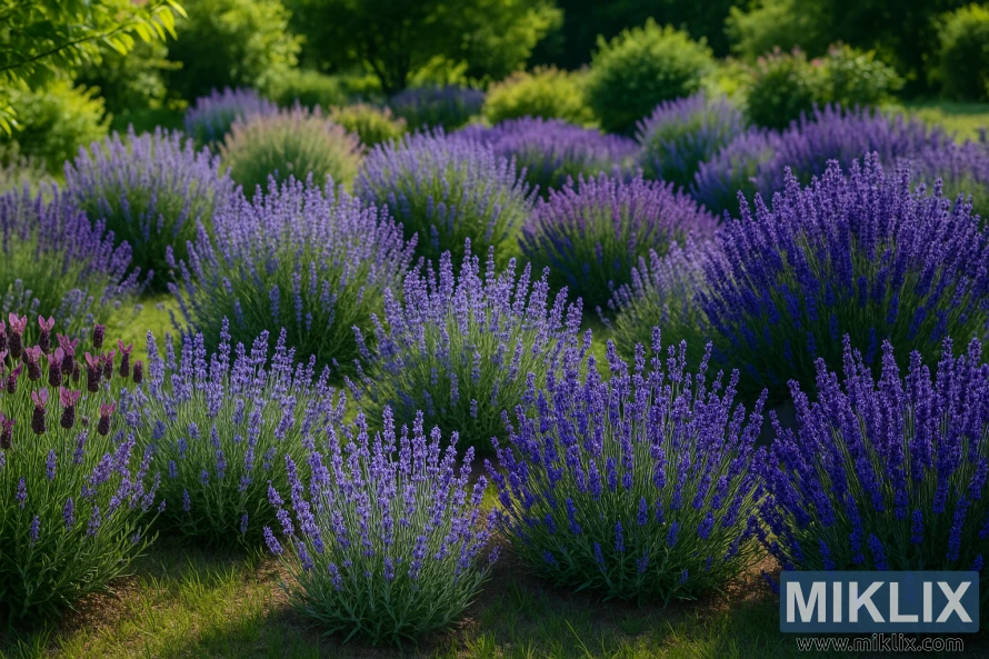 En frodig sommerhave fyldt med mange lavendelsorter i fuldt flor, der fremviser livlige lilla blomster og grønne blade i det varme sollys. En frodig sommerhave fyldt med mange lavendelsorter i fuldt flor, der fremviser livlige lilla blomster og grønne blade i det varme sollys.