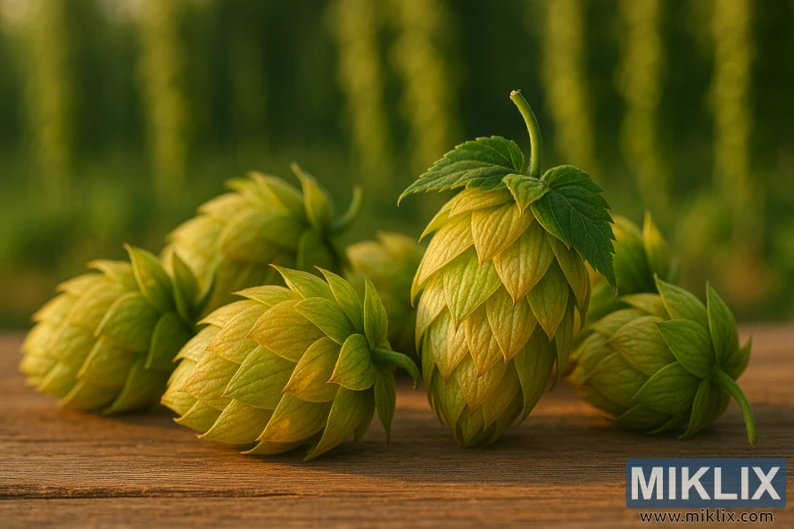 Tampilan dekat kerucut hop Petham Golding di atas kayu, bersinar hijau keemasan dengan hop bines yang kabur di latar belakang. Tampilan dekat kerucut hop Petham Golding di atas kayu, bersinar hijau keemasan dengan hop bines yang kabur di latar belakang.