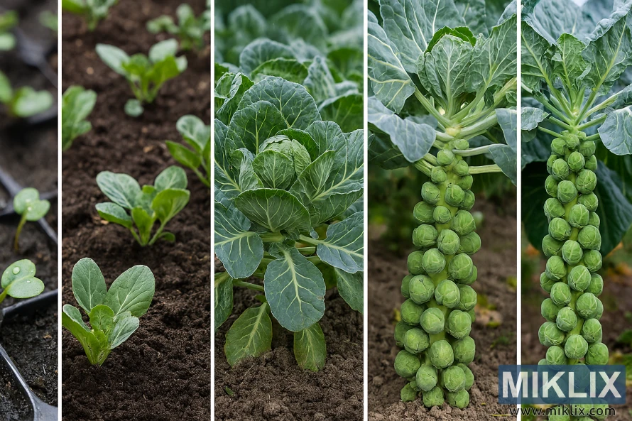 Collage showing Brussels sprouts growing from seedlings to mature plants