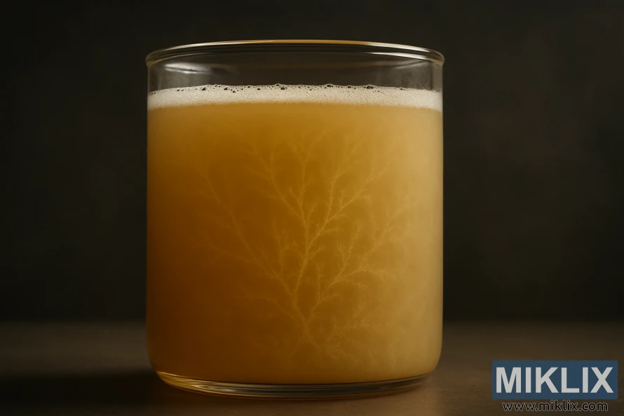 Lähikuva sameasta, kullanruskeasta Saison-oluesta, jossa näkyy hiivan flokkulaatiota.