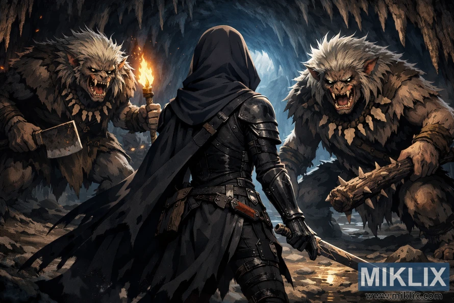 Фан-арт во аниме стил на кој е прикажан Оцрнетиот во оклоп од црн нож како се соочува со двајца получовечки поглавари во крајбрежна пештера осветлена со факел, непосредно пред почетокот на битката.