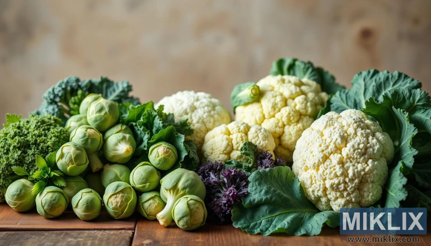 Stilleben av rosenkål, brokkoli, blomkål og grønnkål på et rustikk bord. Stilleben av rosenkål, brokkoli, blomkål og grønnkål på et rustikk bord.