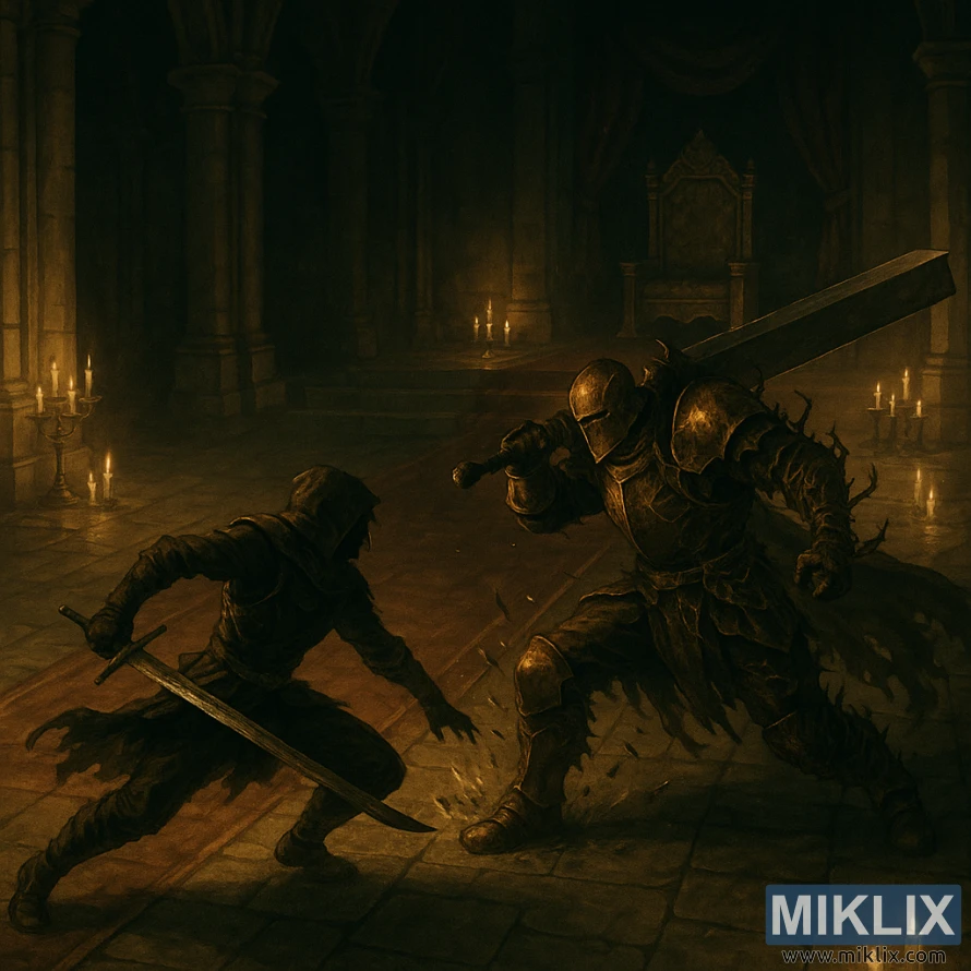 Realistic dark fantasy scene of the Tarnished in Black Knife armor actively fighting Elemer of the Briar with a massive blunt greatsword in a candlelit throne room.