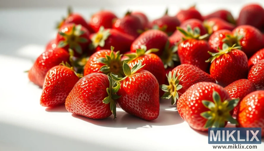 Close-up ng sariwa, makatas na mga strawberry na kumikinang sa ilalim ng mainit na natural na liwanag.