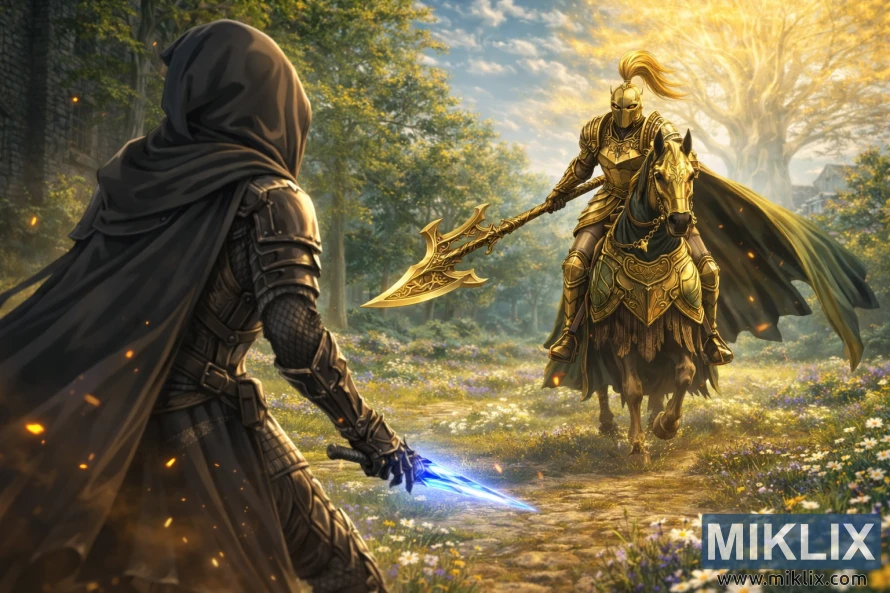 Anime-style fan art of the Tarnished in Black Knife armor facing the Tree Sentinel on horseback with a golden halberd in a sunlit meadow before combat begins.