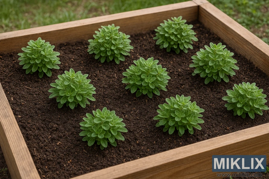 Properly spaced marjoram plants growing in a raised wooden garden bed with rich soil