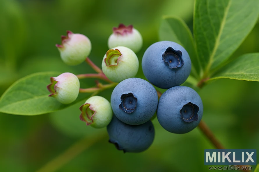 Cluster of blueberries showing various ripeness stages from green to deep blue on a leafy bush