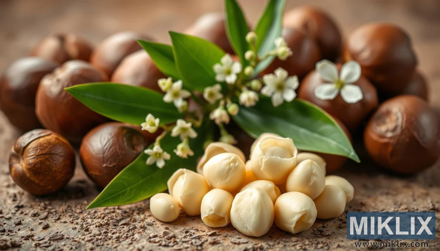 Kacang macadamia dengan kulit berwarna coklat dan bagian dalam berwarna krem pada permukaan tanah dengan daun dan bunga berwarna hijau. Kacang macadamia dengan kulit berwarna coklat dan bagian dalam berwarna krem pada permukaan tanah dengan daun dan bunga berwarna hijau.