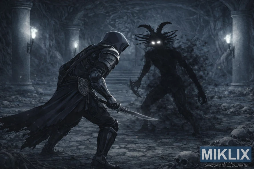 Grey-blue toned anime scene of the Tarnished in Black Knife armor closing in on the glowing-eyed Cemetery Shade inside the Caelid Catacombs.