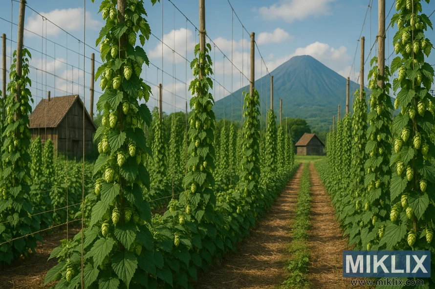 Vrste hmelja Kitamidori z rešetkami na zgodovinskem polju s kmečko hišo in goro v ozadju.