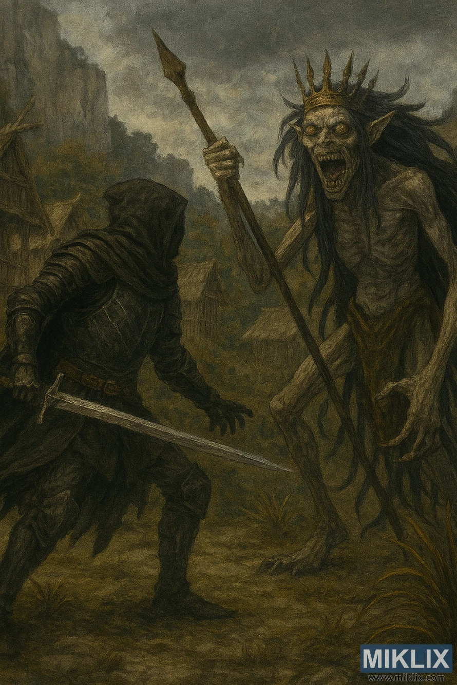 Synkkä fantasiamaalaus Tarnishedista kohtaamassa puoli-ihmiskuningatar Maggien Elden Ringin Erakkokoleessa Synkkä fantasiamaalaus Tarnishedista kohtaamassa puoli-ihmiskuningatar Maggien Elden Ringin Erakkokoleessa