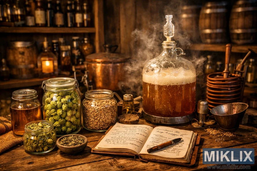 Rustic brewery interior with jars of hops and grains, a handwritten recipe notebook, and a bubbling fermentation vessel under warm, cozy lighting.