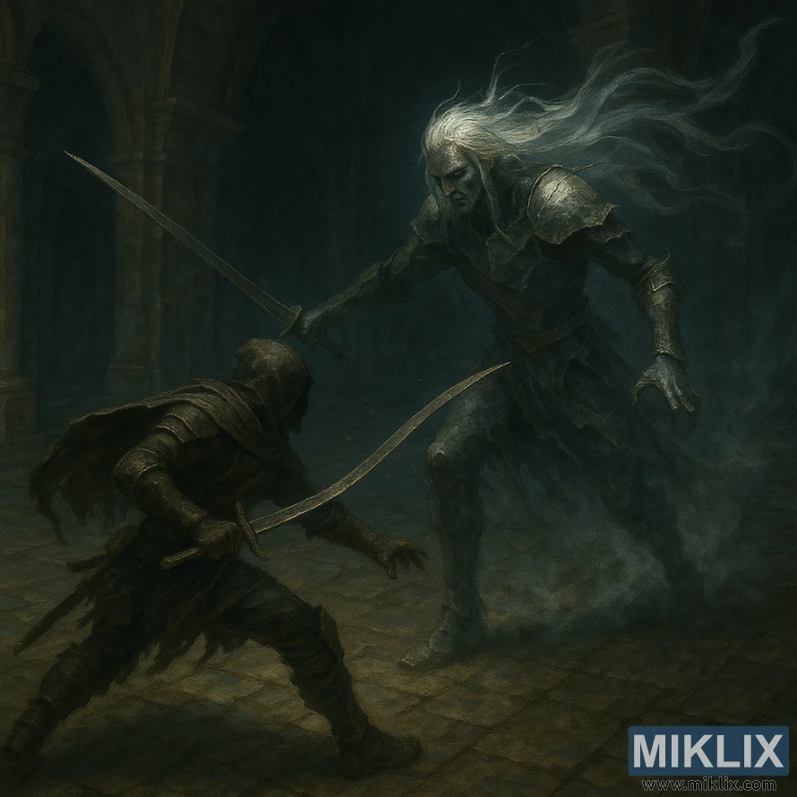 The Tarnished battles the towering Ancient Hero of Zamor in a dark stone hall, their curved swords crossing mid-strike.