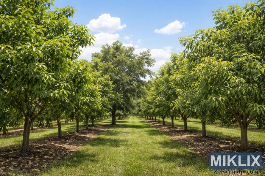 Landscape view of a walnut orchard showing rows of different walnut tree varieties with varied leaf structures under a blue sky. Landscape view of a walnut orchard showing rows of different walnut tree varieties with varied leaf structures under a blue sky.