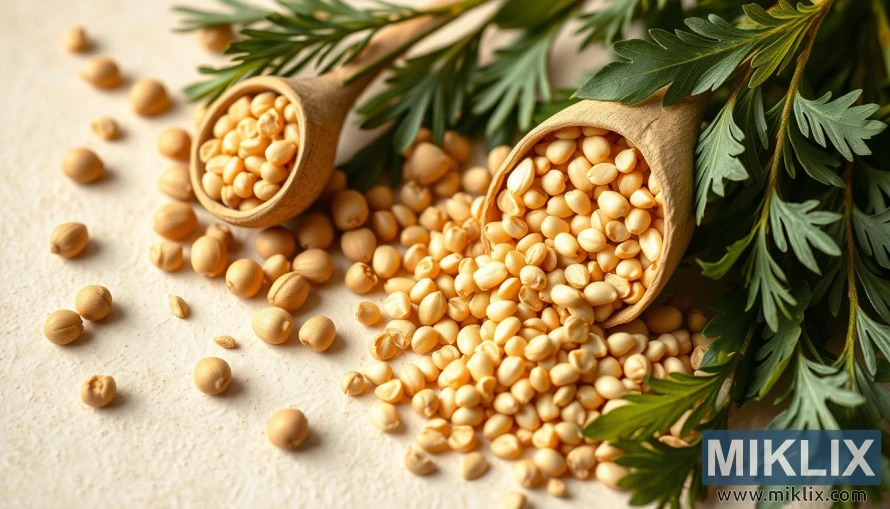 હળવા પૃષ્ઠભૂમિ પર તાજા મેથીના દાણા, શીંગો અને પાંદડાઓનો ક્લોઝ-અપ.