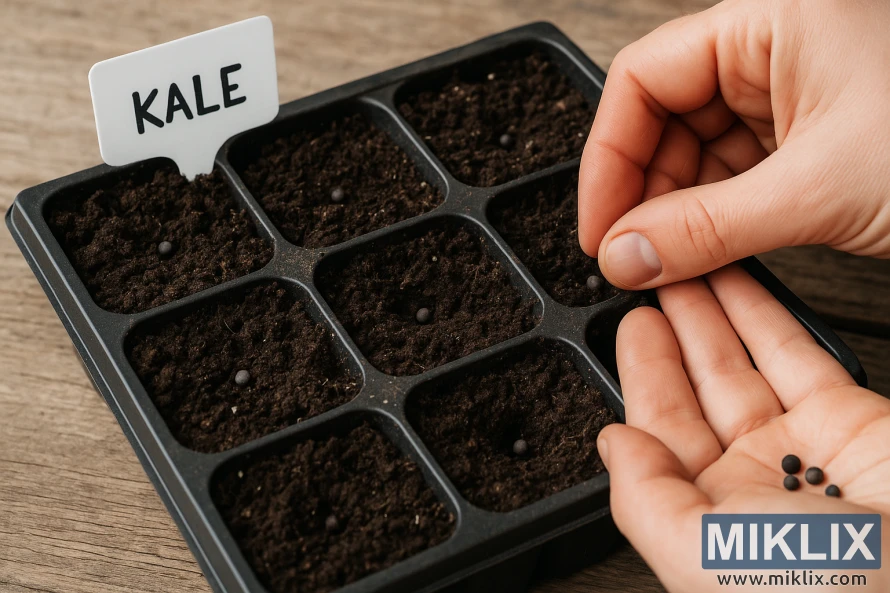 Hands planting small kale seeds into a black seed starting tray filled with dark soil, with a white label reading 'KALE' visible in the corner.