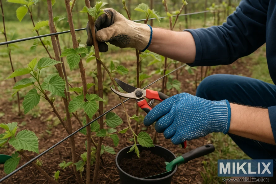 Sodininkas geni gervuogių augalus sezoninės priežiūros metu lauke su žaliais lapais ir grotelių vielomis. Sodininkas geni gervuogių augalus sezoninės priežiūros metu lauke su žaliais lapais ir grotelių vielomis.